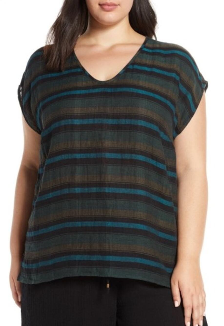 Eileen Fisher Striped Sleeveless Gauze Organic Cotton Top Blouse Green S